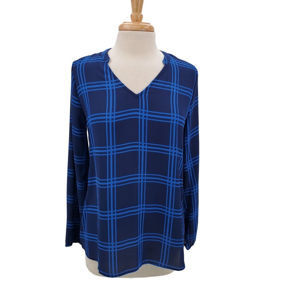 Charming Charlie Womens Long Sleeve Plaid Tunic Top Sz M Blue V-Neck High-Low